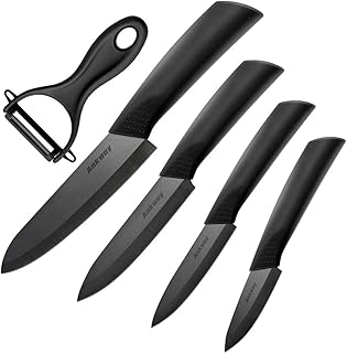 Ankway Keramikmesser Set mit Klingenschutz [Verbesserte Version], Küchenmesser Set mit 4-teilig Messer und 1 Sparschäler, Kochmesser Sets für Fleisch, Brot, Obst & Gemüse-Schwarz