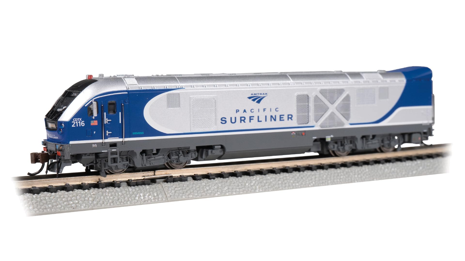 Photo 1 of Bachmann Trains - SC-44 Charger - Amtrak Pacific SURFLINER #2116 - N Scale - DCC Sound-Equipped - Metal & Plastic - Hobby Train Locomotive - Silver, Blue