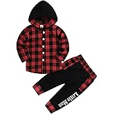 Axumity Toddler Baby Boys Clothes Plaid Button Down Hooded Shirt + Sweatpants Fall Winter Outfits Set