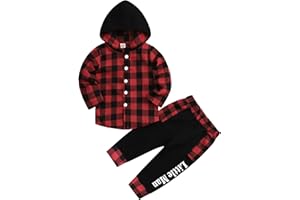 Axumity Toddler Baby Boys Clothes Plaid Button Down Hooded Shirt + Sweatpants Fall Winter Outfits Set