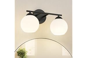 Emak Black Vanity Lights for Mirror, Modern Farmhouse 2-Light Bathroom Light Fixtures Globe Bathroom Vanity Light with Milk Glass Shade, VL114-BK-ML-2