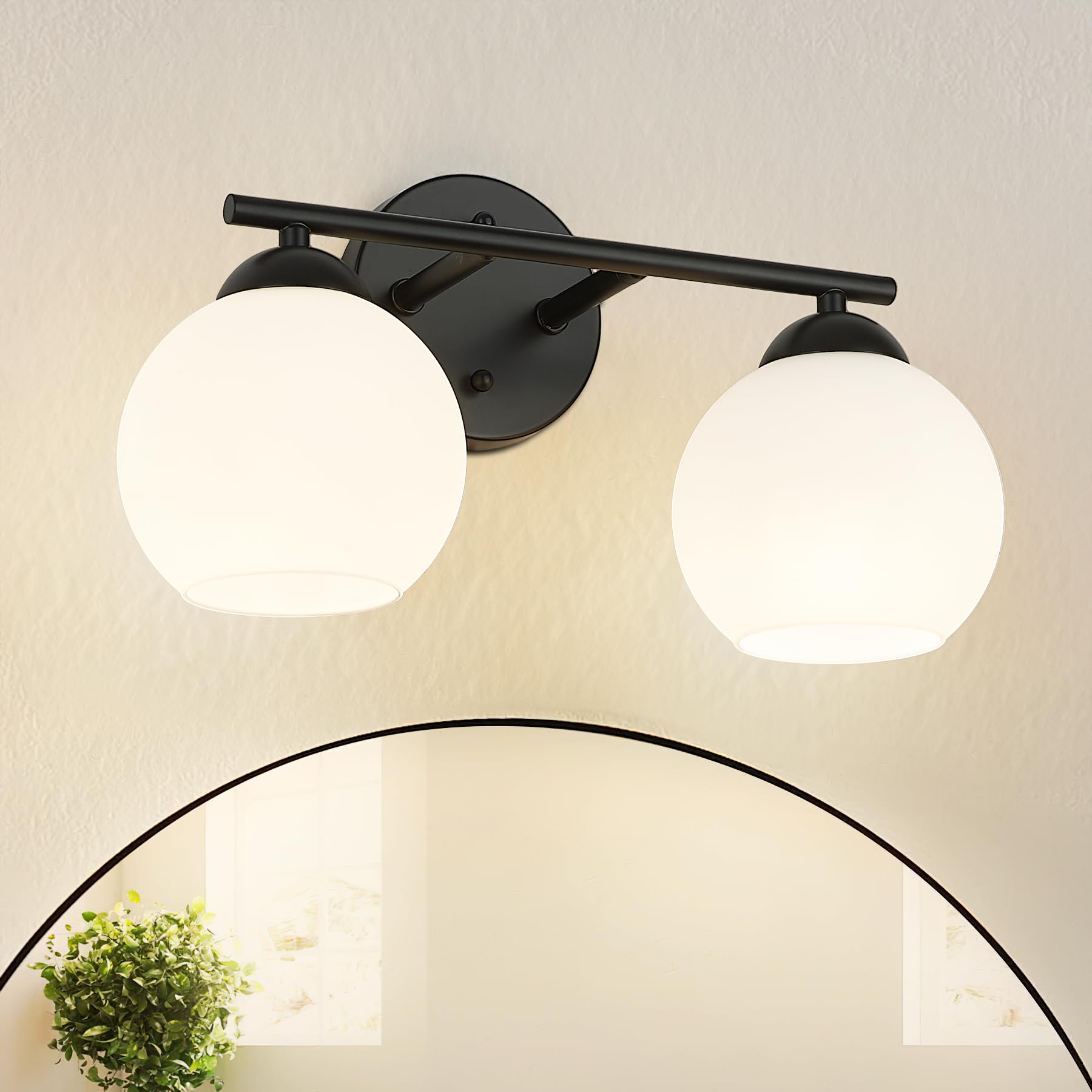 Photo 1 of Emak Black Vanity Lights for Mirror, Modern Farmhouse 2-Light Bathroom Light Fixtures Globe Bathroom Vanity Light with Milk Glass Shade, VL114-BK-ML-2