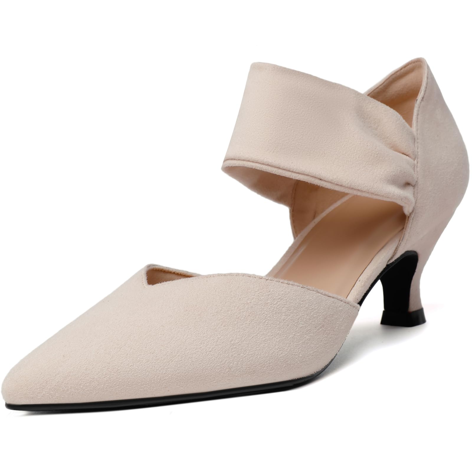 RIBONGZ Low Heels for Women Closed Toe Church Shoes Nude Kitten Heels Pointed Toe Sexy Slip on Pumps Wedding Bridal Party Dressy Shoes 6.5 Image