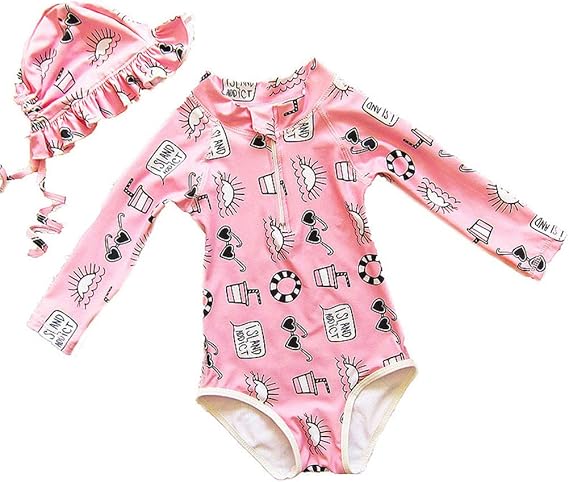 Amazon 水着 ワンピース 女の子 キッズ水着 子供水着 ピンク かわいい 帽子 漫画 Uvカット 長袖 日焼け止め 女児水着 プレゼント フィットネス ジュニア 水遊び ビーチ プール 温泉 90 100 110 1 130 日韓風 100 95 105cm ピンク 水着
