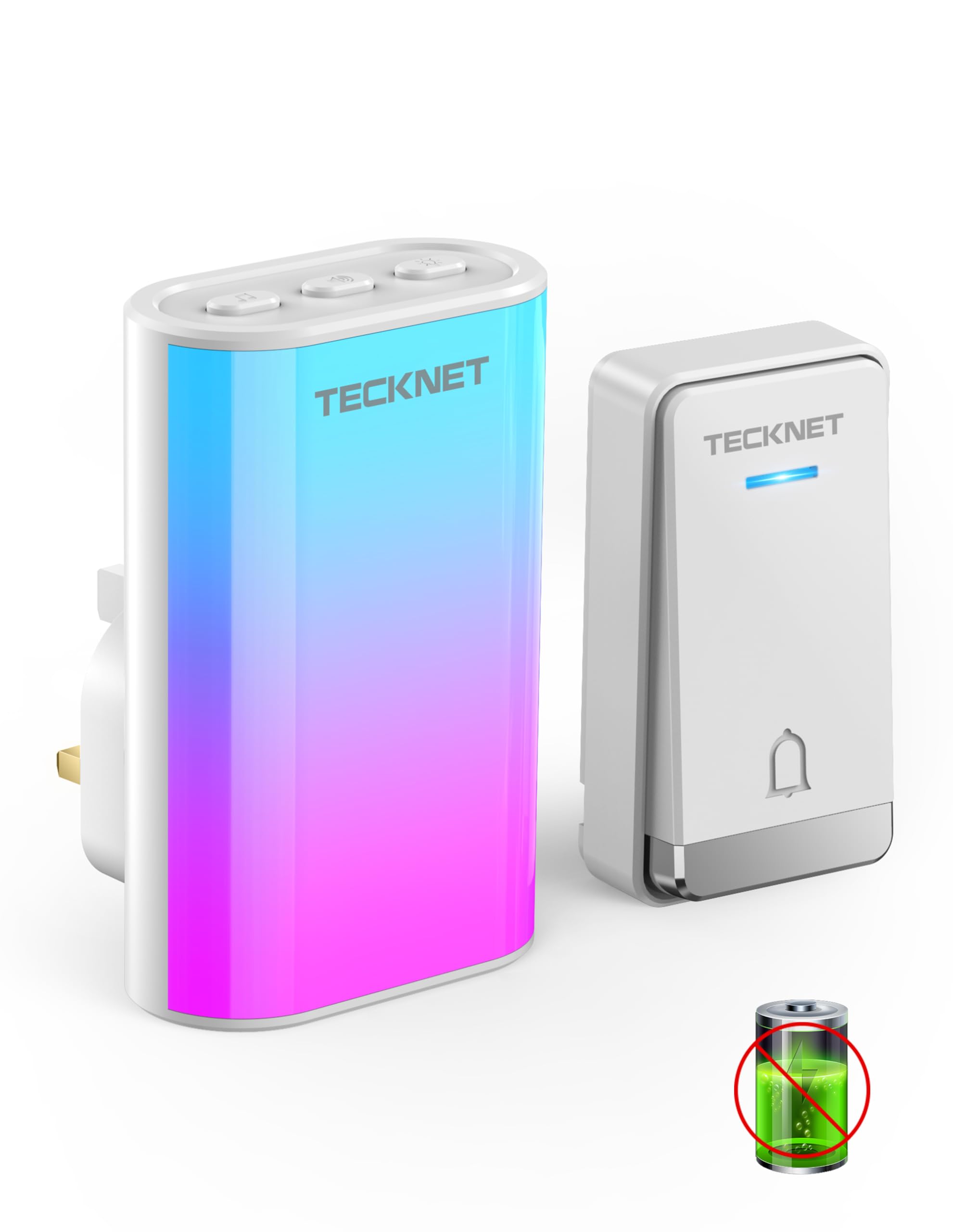 TECKNET Wireless Doorbell, No Battery Required Self-Powered Doorbell IP65 Waterproof, Wall Plug in Door Bells, Cordless Chime Kit at 1300 feet Range with 60 Chimes, 5 Level Volume and RGB Light