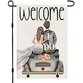 Welcome Bride and Groom Wedding Garden Flag 12 x 18 Inch Vertical Double Sided, Anniversary Holiday Party Yard Outdoor Decor DF089