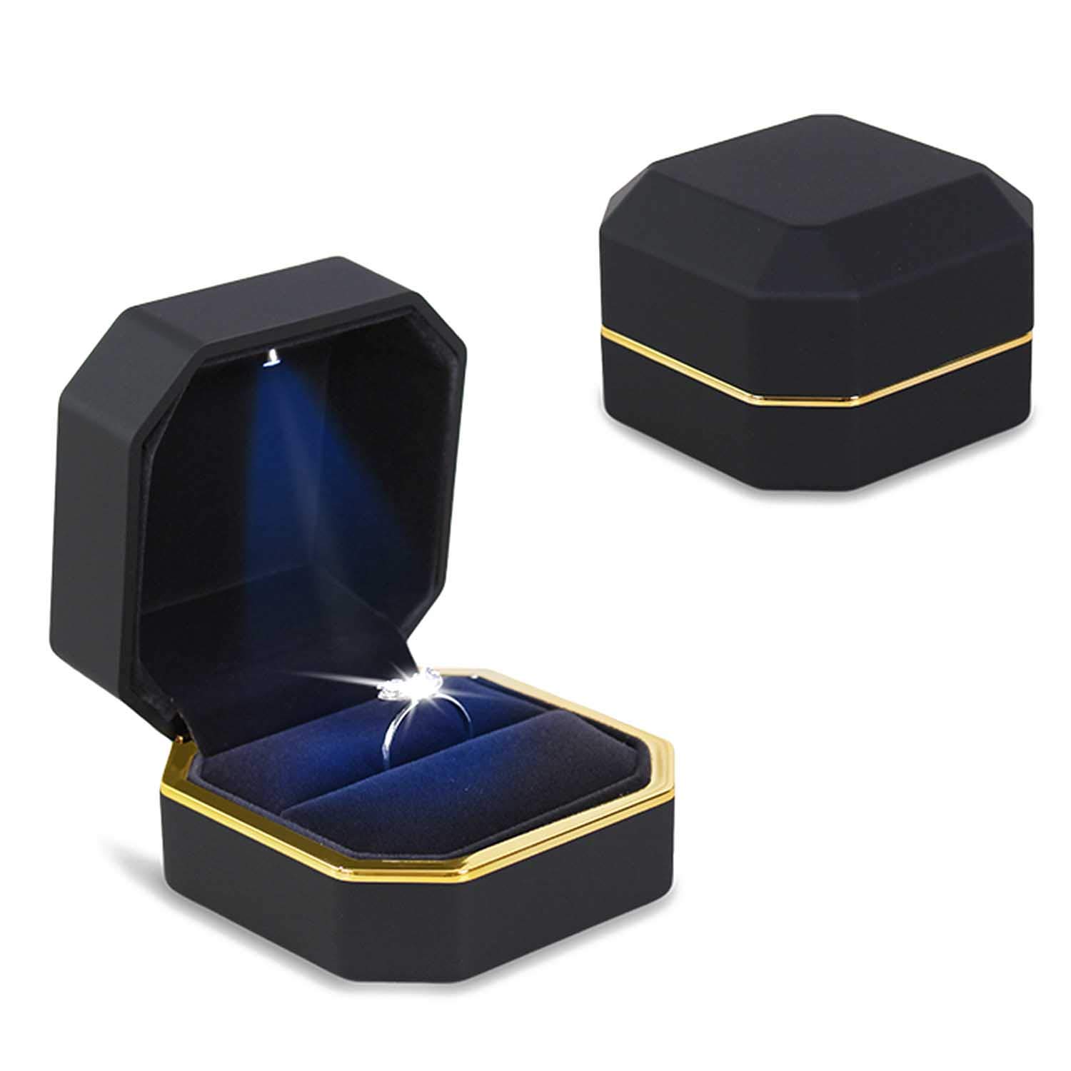 AVESON Luxury Ring Box, Square Velvet Wedding Ring Case Jewelry Gift Box with LED Light for Proposal Engagement Wedding, Black
