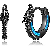 13mm Dragon Hoop Earrings Sterling Silver Black Opal Dragon Huggie Hoop Earrings Viking Punk Rock Jewelry Gift for Men