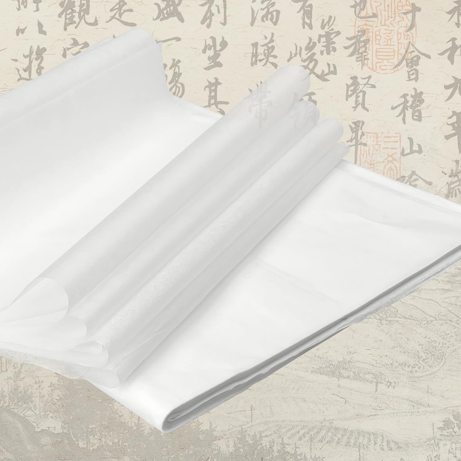 Photo 1 of 100 Sheets White Rice Paper, Cicada Wing Texture - Bamboo Pulp Handmade Craft Paper, Semi-Raw for Chinese Calligraphy, Ink Painting & Art Projects (9.4x15.7 Inch) (White)