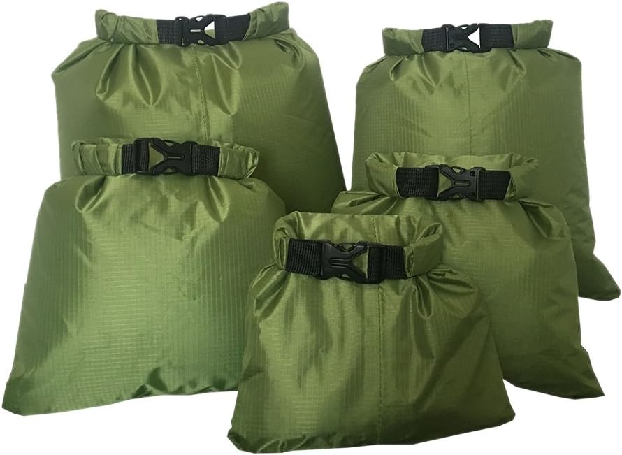 Wongfon 5pcs 1.5L+2.5L+3.5+4.5L+6L Waterproof Dry Bag, Storage Bags for Kayaking Boating Swimming Camping Outdoor Sports, Army Green