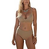 CUPSHE Women's Bikini Sets Two Piece Swimsuit High Waisted V Neck Textured Crisscross Back Tie Bathing Suits