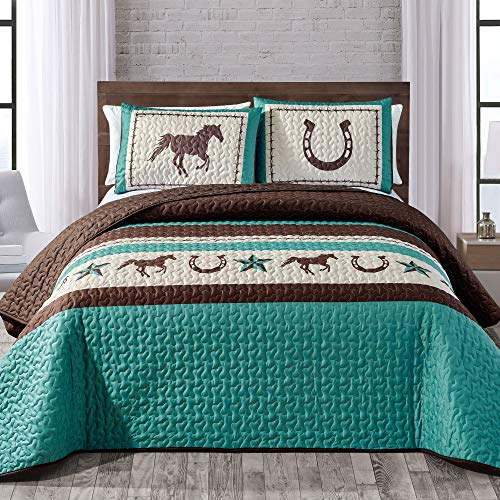 WPM WORLD PRODUCTS MART Western Teal/Beige/Brown Horseshoe, Horse, Barb Wire Cowboy Print Bedspread 3 Piece Southwestern Cabin Lodge Design Coverlet Quilt Set- JENA (Queen)