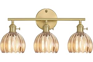 Shenmoyl Vintage Wall Sconce Indoor, Bathroom Light Fixtures Over Mirror, 3-Light Brass Gold Vanity Wall Lights with Amber Tu