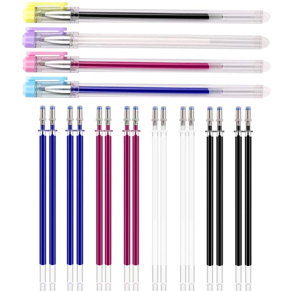 MCSQK Heat Erasable Fabric Markers, 4 Colors, 1 Pen & 20 Refills, Ideal for Leather, Quilting Sewing and Dressmaking - White, Red, Blue, Black