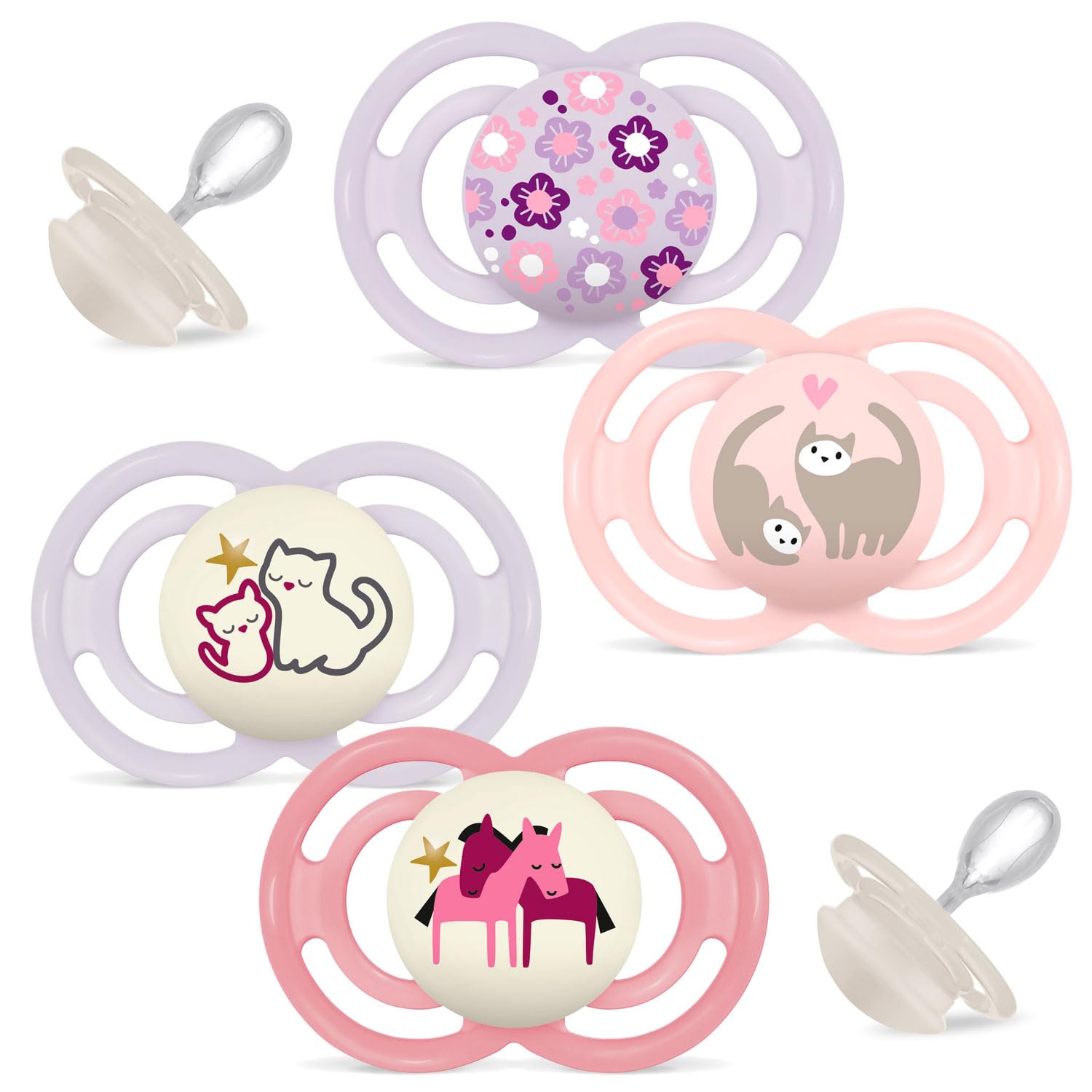 MAM Perfect Day & Perfect Night Dummy 16+ Girl // Set of 4 // Includes 4 Sterilised Transport Boxes