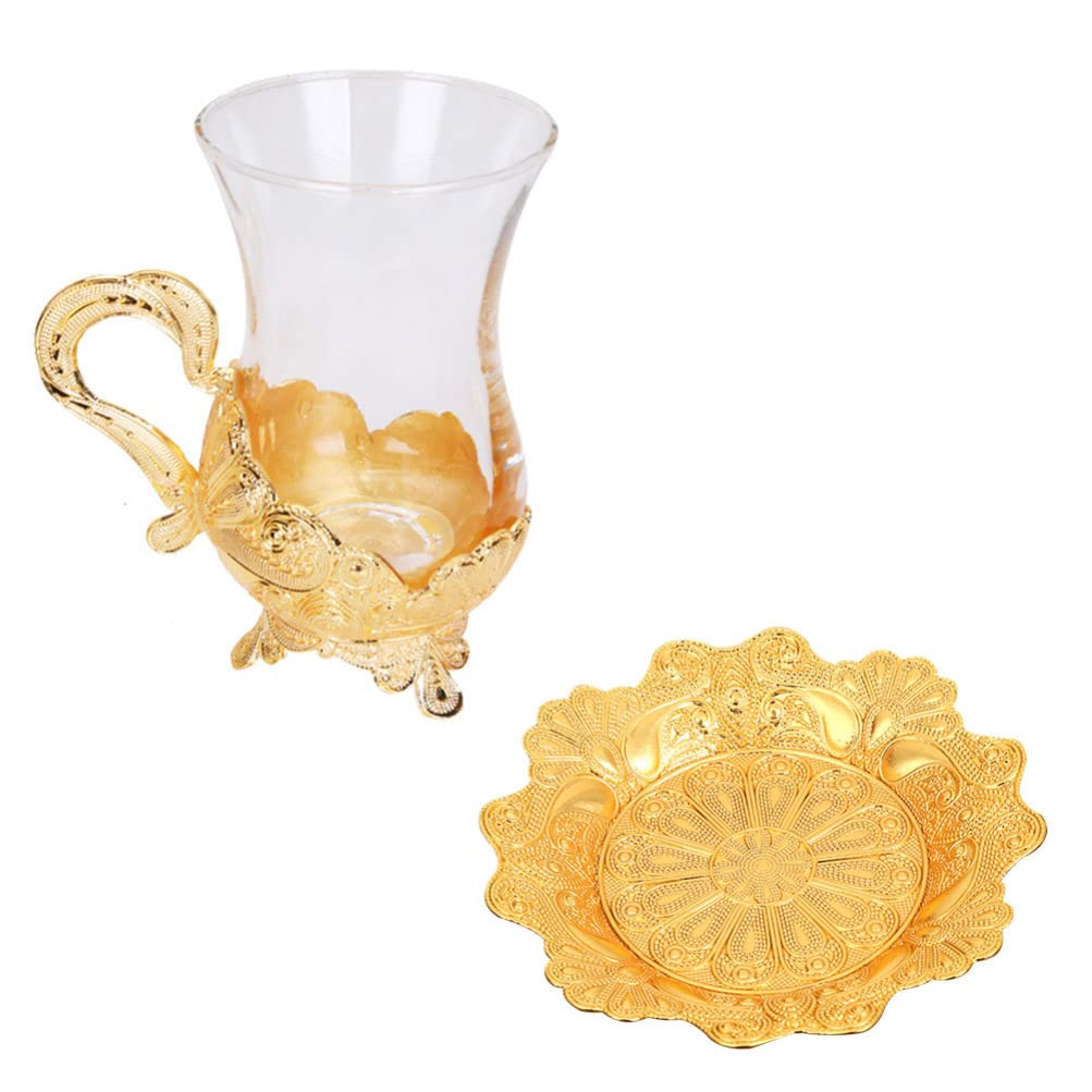 Turkish Tea Glasses Saucer Set: Gold Tea Drinking Cup Cafe Home Coffee Water Drinking Mug European Style Coffee Mug
