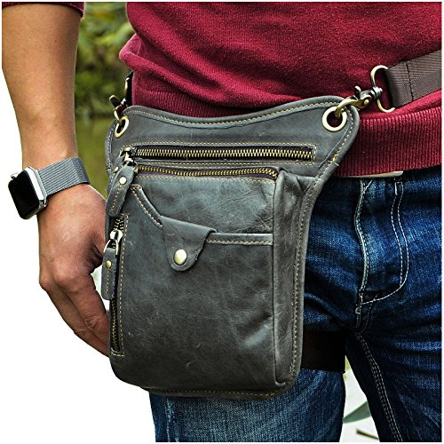 Le'aokuu Mens Genuine Leather Motorcycle Horse Riding Waist Pack Drop Leg Cross Over Bag 211-5 (211-5 Gray 2)