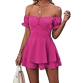 LYANER Women's Off Shoulder Wrap Tie Up Back Ruffle Short Sleeve Romper Short Jumpsuit