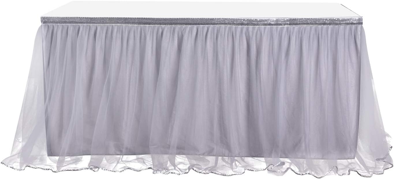 9 ft Grey Table Skirt With Silver Sequin Tulle Table Skirt for Bridal Shower Wedding Baby Shower Birthday Party