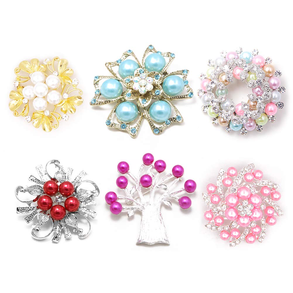 6 Pieces Fashion Crystal Pearl Brooch Lapel Pines Rhinestone Crystal Brooches Pins for Women Ladies Jewelry