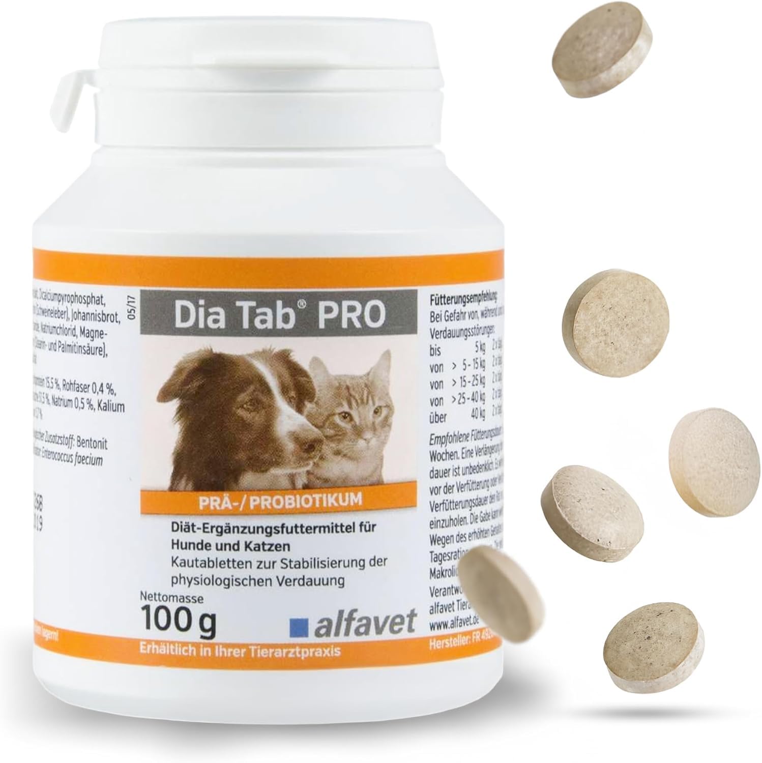 Alfavet Dia Tab PRO, dietary supplement for dogs and cats, chewable tablet, prebiotic probiotic, 100 g tin approx. 50 tablets