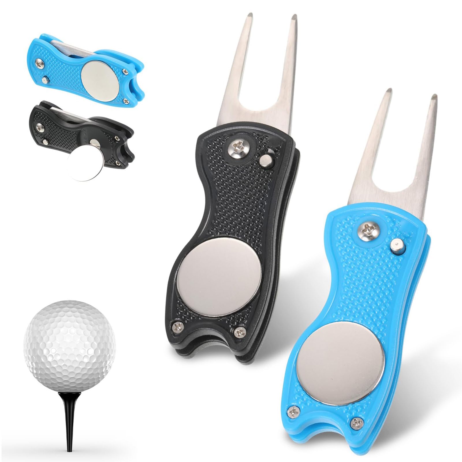 2 pcs Golf Divot Repair Tool Metal Foldable Golf Divot Tool Golf Pitch Mark Repair Tool Golf Pitchfork Golf Foldable Divot Tool with Pop-up Button and Magnetic Ball Marker for Golfer Divot Tools