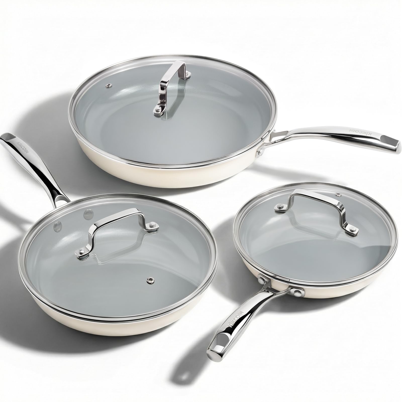 Photo 1 of Kikcoin Non Stick Frying Pans with Lid, 3 Pack Ceramic Frying Pan for Cooking, 8+9.5+11 Inch Omelette Pans Set with Stay Cool Handle, Induction Ready, Free of PFAS PFOA PTFE, Oven/Dishwasher Safe