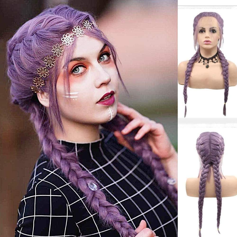 Braided Hair Wigs Long Double Braided Wigs for Women Purple Lace Front Wig Long Synthetic Hair Twist Braids Drag Queen Female Cosplay Party 22inch Braid Glueless Lace Wig - Image 3