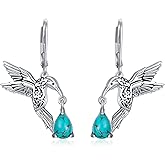 Lvoryance Vintage 7 * 5 mm Teardrop Genuine Turquoise with Hummingbird Dangle Earrings 925 Sterling Silver Retro Style Hummingbird Earrings for Women Gifts