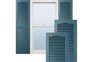 EKENA MILLWORK 14 1/2"W x 51"H Lifetime Vinyl, TailorMade Cathedral Top Center Mullion, Open Louver Shutters, w/Shutter-Loks (Per Pair), Midnight Blue