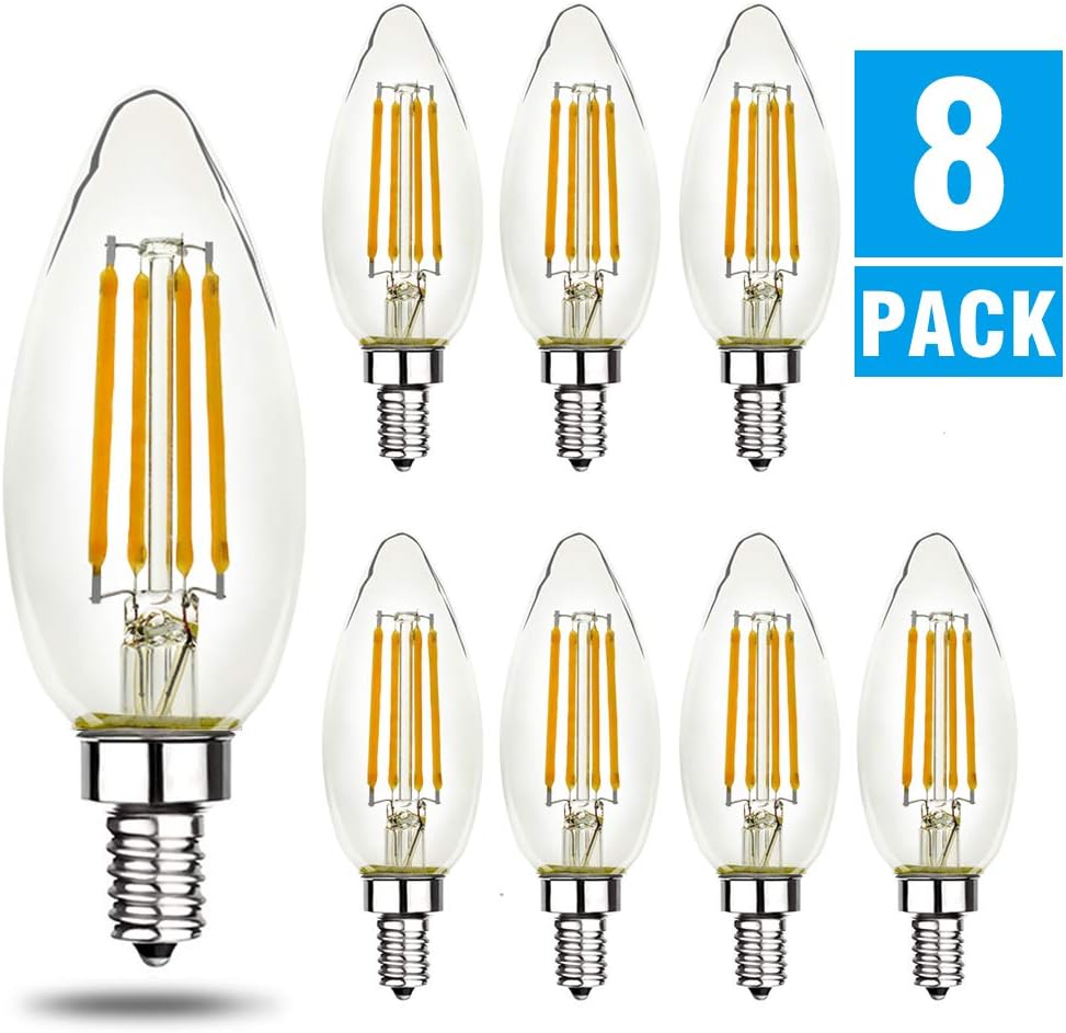 LED B10/B11 Candelabra Light Bulbs, Soft White 2700K, 500 Lumen, E12 Base, Chandelier LED Edison Bulbs, Christmas Lights, 8 Packs