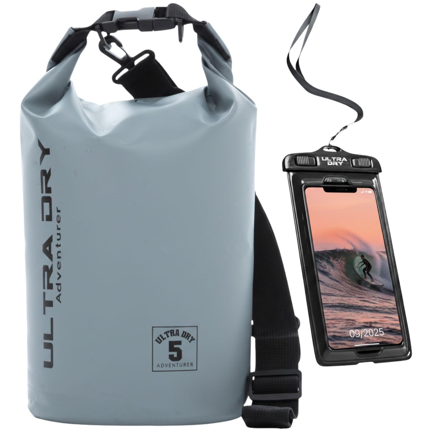 Premium Waterproof Bag, Sack with Phone Dry Bag and Long Adjustable Shoulder Strap Included, Perfect for Kayaking/Boating/Canoeing/Fishing/Rafting/Swimming/Camping/Snowboarding (Gray, 5 L)