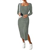 ETCYY NEW Womens Fall Dresses Square Neck Knitted Elastic Basic Spring Bodycon Versatile Slit Dress