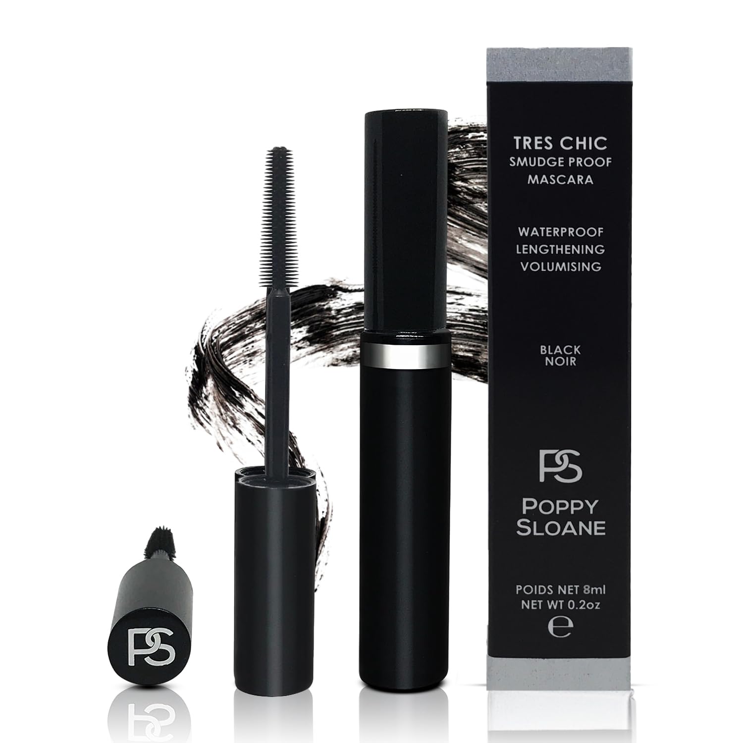 Poppy Sloane Trés Chic Vegan Tubing Mascara – Black, Waterproof, Smudge-Proof, Long Lasting – Easy Removal with Warm Water – Cruelty-Free, Natural Look – No Panda Eyes - Made in UK, 8 ml