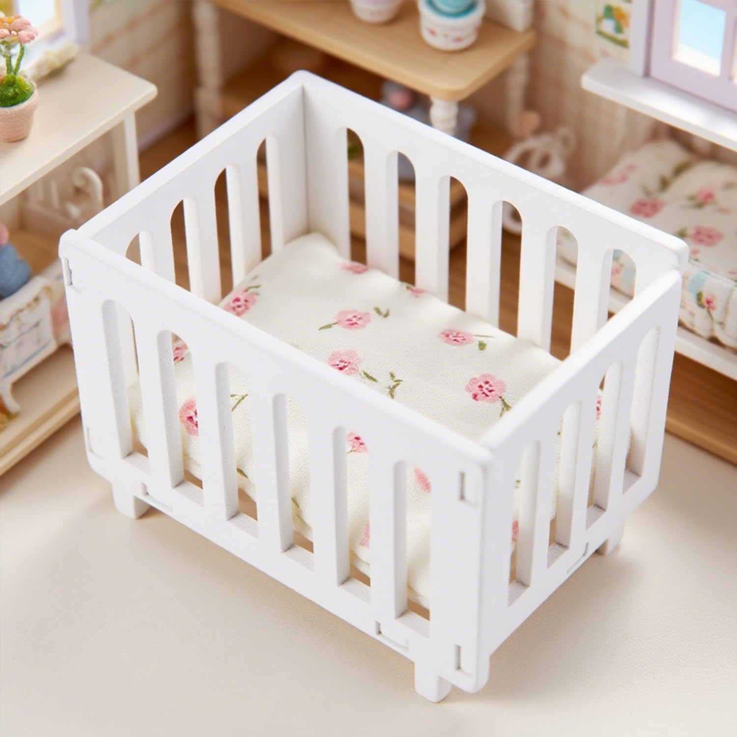 Minamzee 1:12 Dollhouse Bed, 1 Set Wooden Miniature Dollhouse Bed with Bedding, Cradle Model Mini Doll Crib, Doll Pets Furniture Decorations Accessories