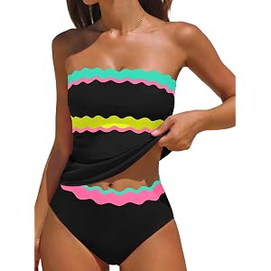 popvil Strapless Tankini Swimsuit for Women 2 Piece Bathing Suit | Removable adjustable straps,Scallop trim neckline,Ruched B