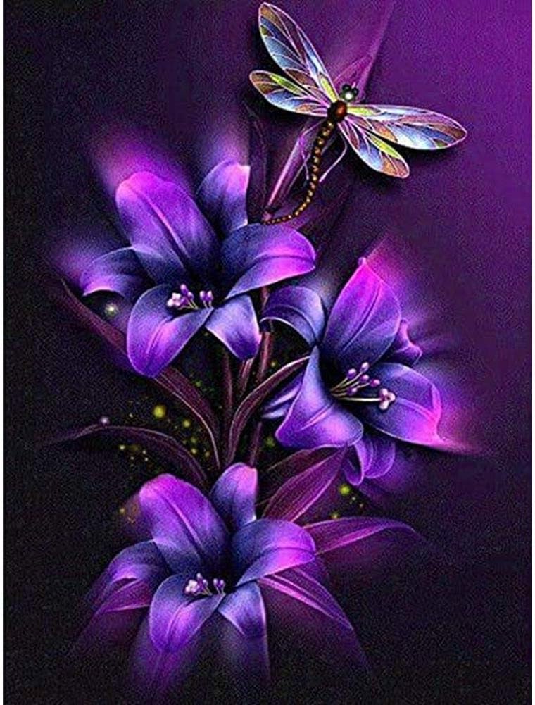 Injoyser 5D Diamond Painting Kits for Adults Kids Set,Full Round Drill Diamond Cross Stitch Arts Craft for Home Wall Decor Purple Lily and Dragonfly 9.8x11.8in Pack By INJOYS