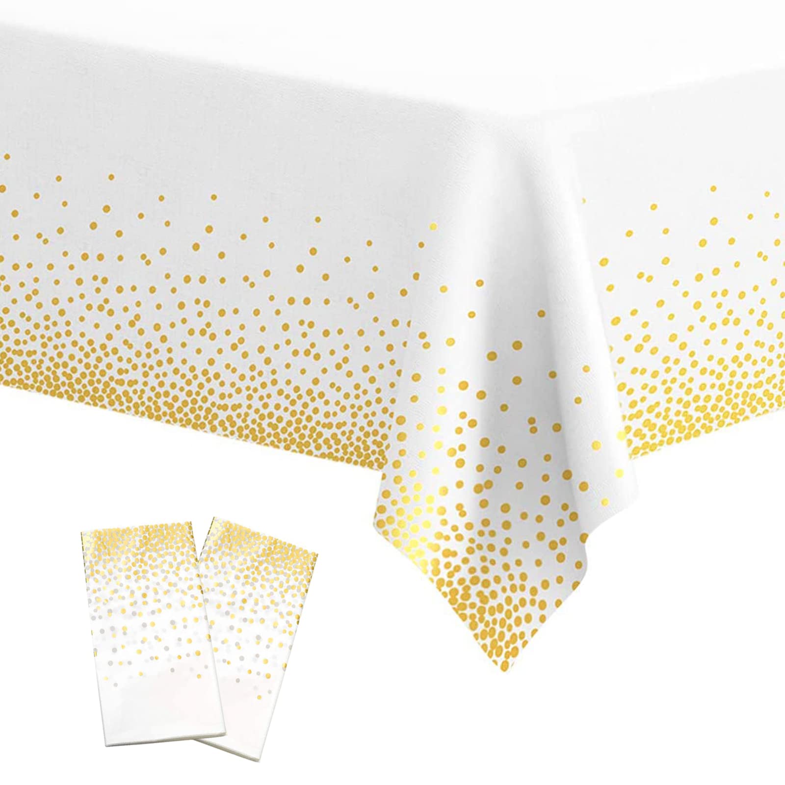 POPOYU 2 Pack 54 x 108 Inch White & Gold Plastic Tablecloths Large Rectangle Tablecloths for Birthday Baby Shower Wedding Picnic Party Decor