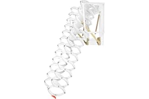 KWCWB 12 Steps Attic Ladder, 12ft Wall-Mounted Attic Ladder Pull Down System, Folding Aluminum Attic Ladders, Attic Stairs Pull Down Door, Attic Ladder for Attics, Garages, Roofs, Basements (White)