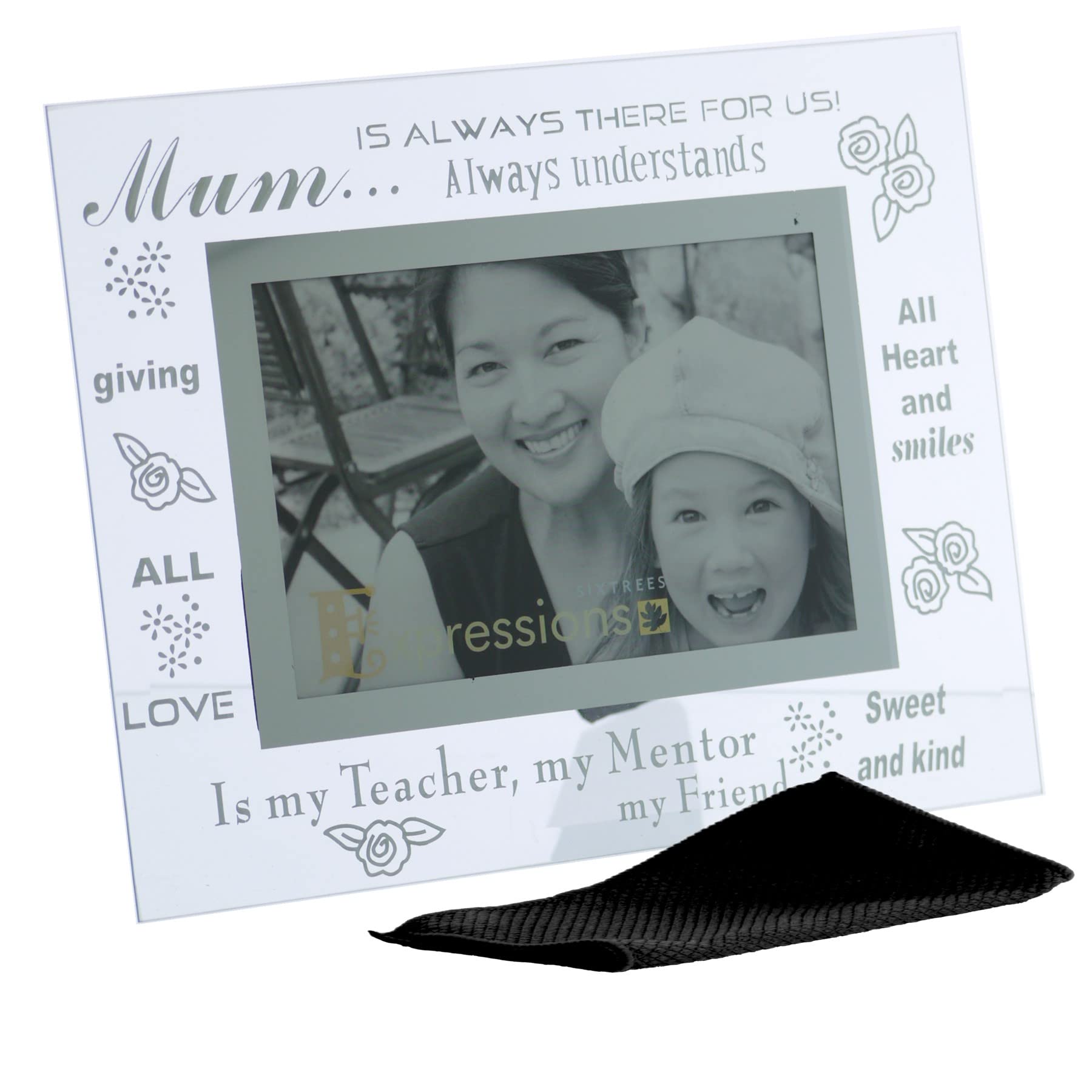 Sixtrees Moments MUM Bevelled Glass and Mirror 6x4 inch Photo Frame. Complete with microfibre glass cleaning cloth., Silver