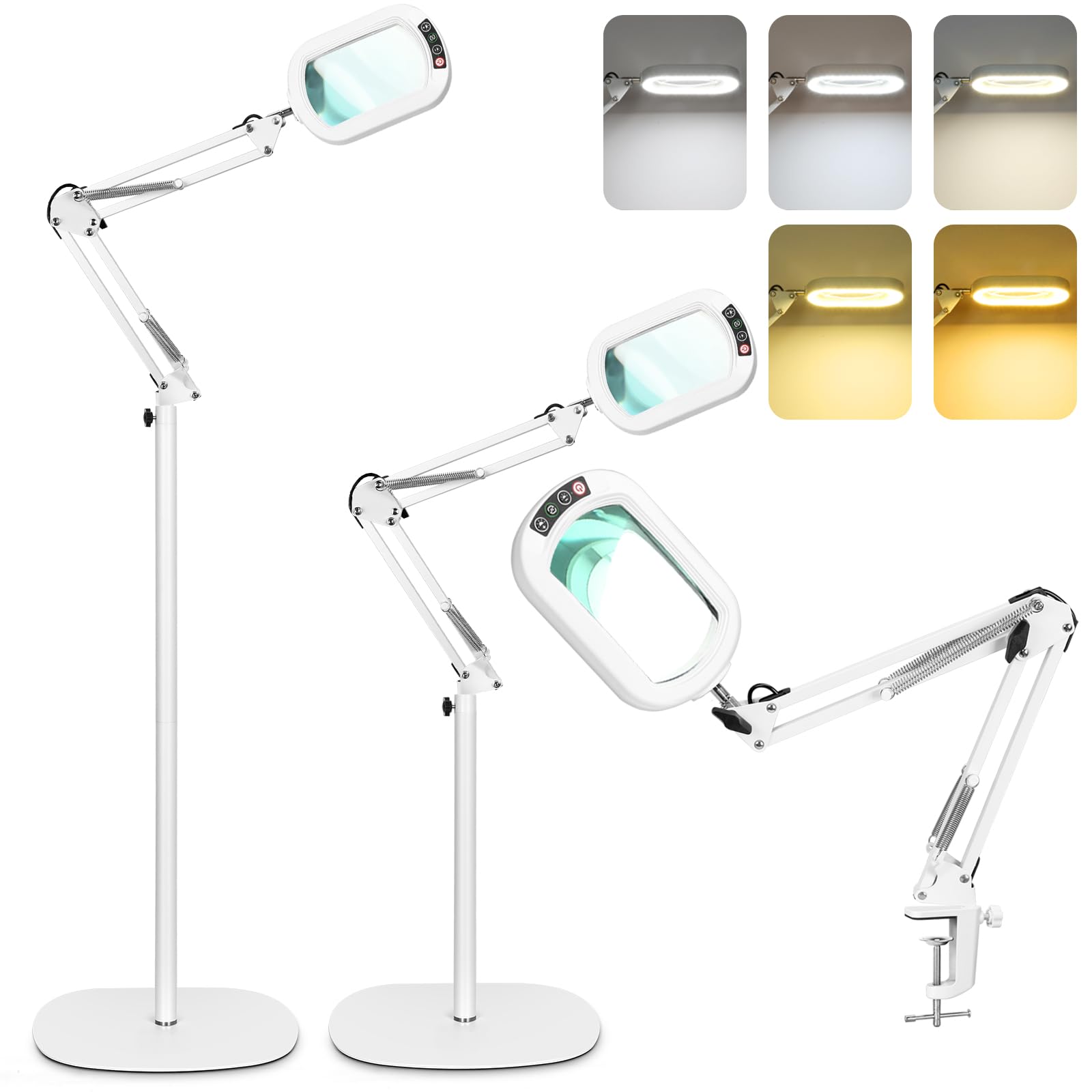 Photo 1 of 10X Rectangle Magnifying Glass with Light and stand, 5*3 Inch Real Glass 5 Color Modes Stepless Dimmable LED Floor Lamp, 3-in-1 Large Lighted Magnifier for Reading Painting Craft Close Work - White