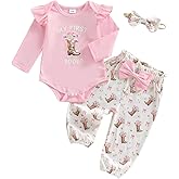 Douhoow Baby Girl Valentines Day Outfits Infant Letter Print Baby Girl Romper Bodysuit Pants With Headband and Hat