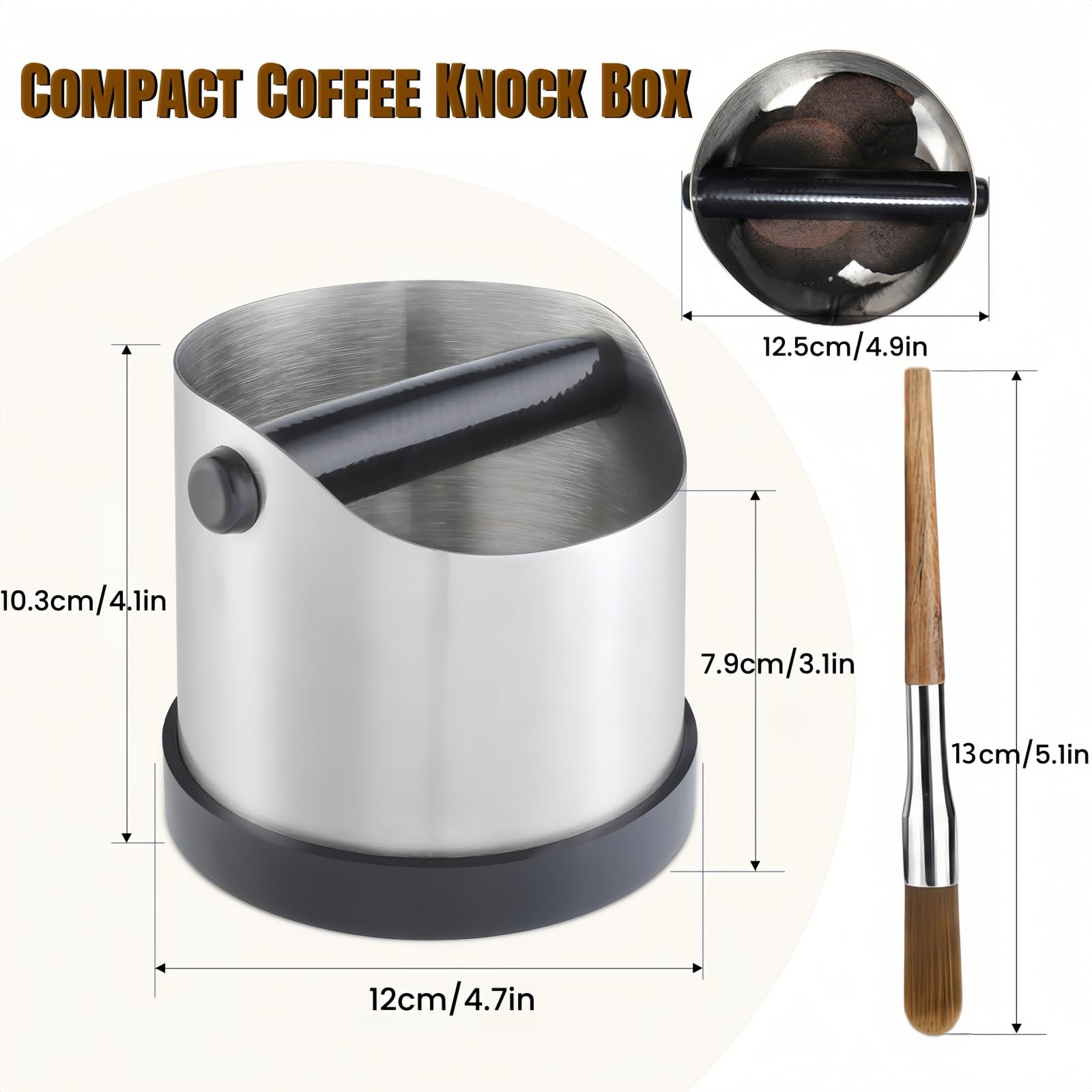 CHDEXU Abklopfbehälter für Siebträger, 700ml Klein Edelstahl Espresso Kaffee Knock Box, Abklopfschale Knock Box mit Abnehmbarer Knock Bar und Kaffeepinsel, Kaffeesatz Klopfbox mit Rutschfester Basis 3