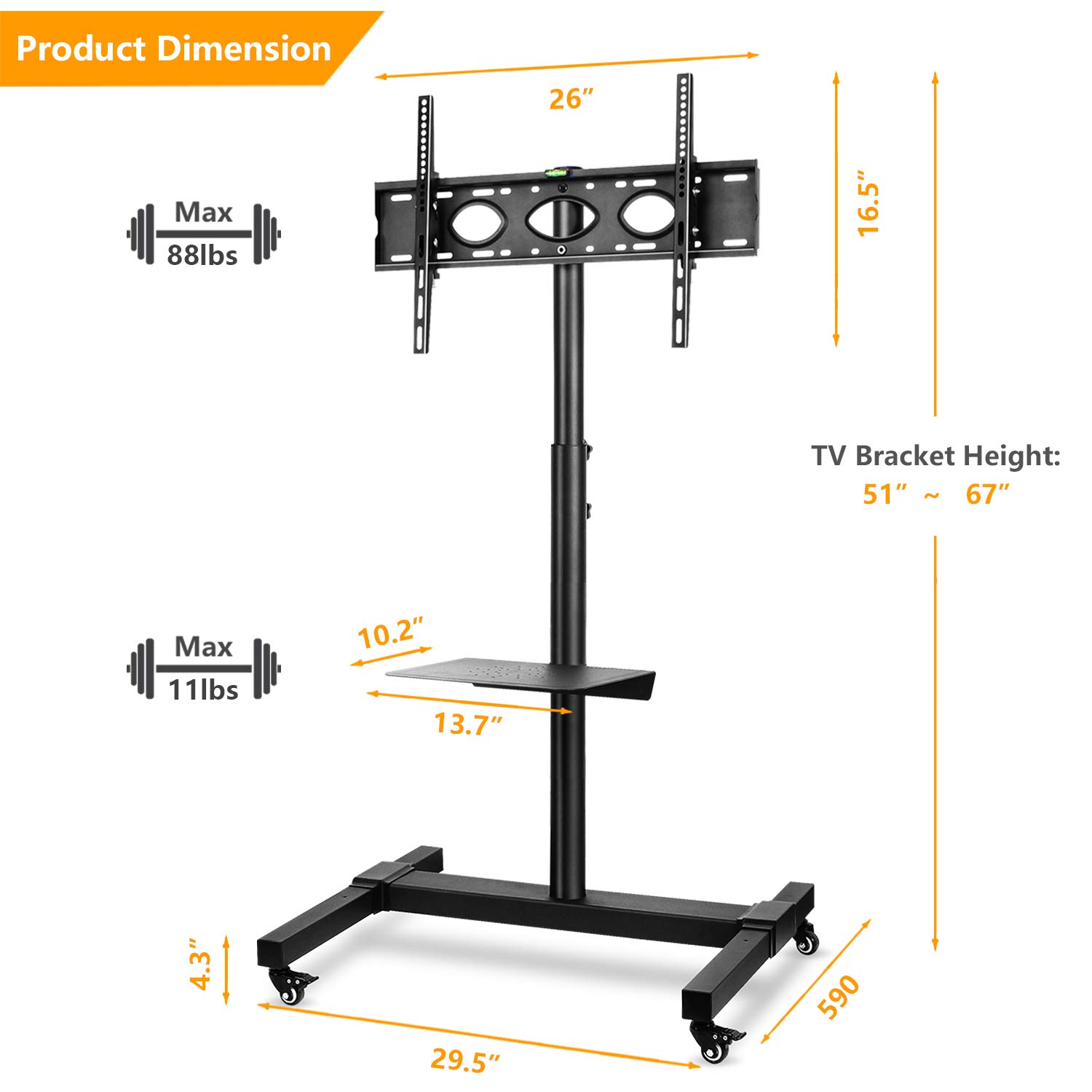 5Rcom Mobile TV Cart Rolling TV Stand with Wheels Height Adjustable for Most 32 37 42 47 50 55 60 65 70 Inch Flat Screen or Curved TVs Monitors TV Floor Stand with Laptop Shelf Display Trolley