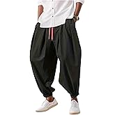 OYOANGLE Men's Baggy Jogger Pants Drawstring Waist Loose Fit Tapered Hippie Trousers
