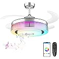 42 Inch Modern Retractable Ceiling Fan with Lights and Smart Remote,LED Fandelier Ceiling Fan with Light 6 Speed Bluetooth Speaker RGB Chandelier Ceiling Fans for Bedroom Living Room(Chrome)