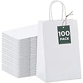GSSUSA 100Pcs White Paper Bags, 5.25x3.75x8 Small Gift Bag, Paper Bag with Handles Bulk, for Small Business, Sturdy Kraft Paper, Retail Shopping, Party Favor Bag, Birthday Gift