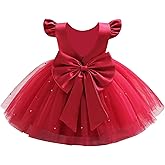 Infant Baby Girls Wedding Flower Girl Dress Pearls Tulle Tutu Dress Bowknot V Back Pageant Party Birthday Formal Dresses