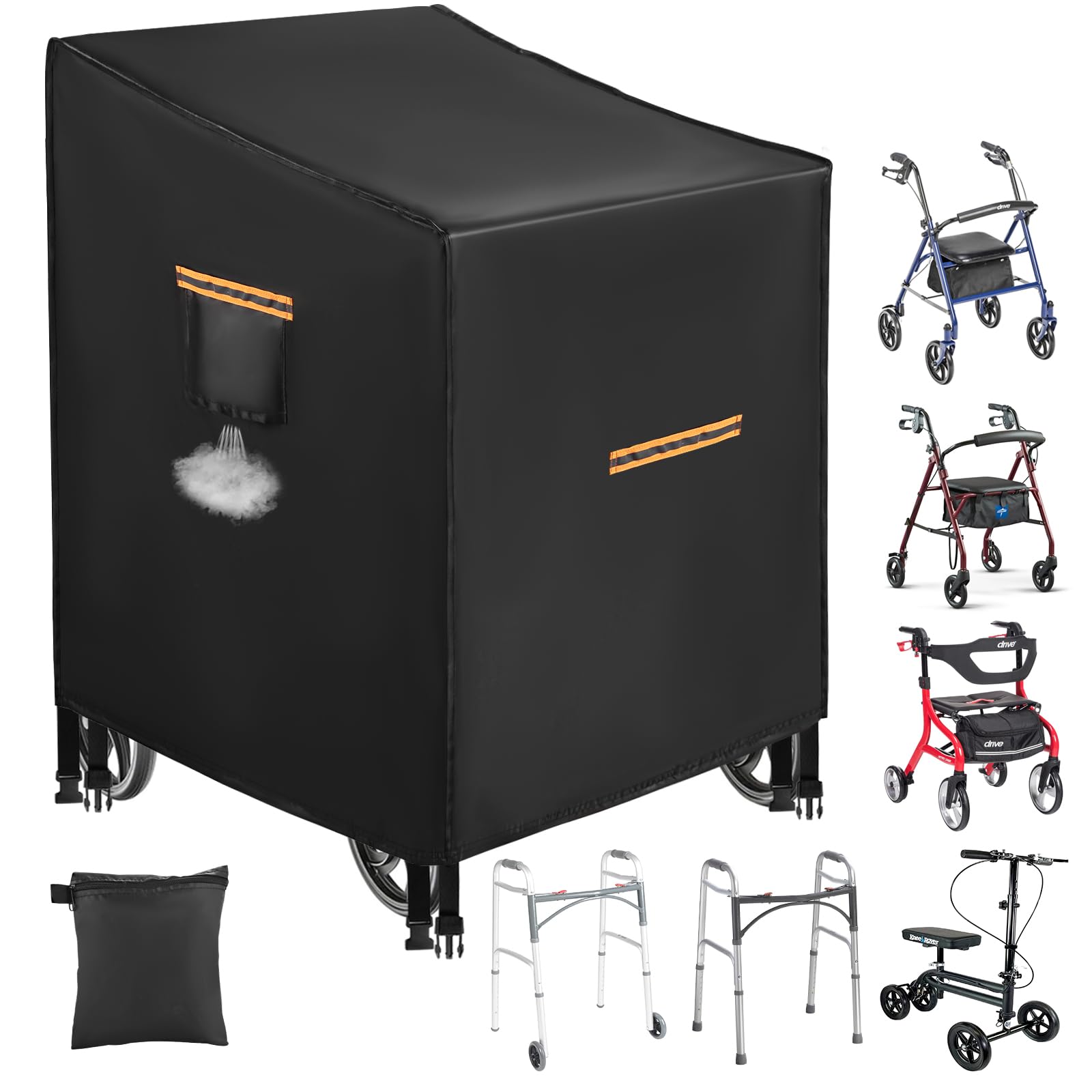 Rollator Cover Waterproof，Heavy Duty 420D Covers for Rollator Walker, Universal 4-Wheel Rollator Walker Covers Weatherproof,Mobility Rollator Cover with 4 Reflective Strips,Windproof Buckle, Air Vent