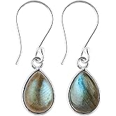 DEVMUKTI 925 Sterling Silver Bezel Dainty Earrings, Natural Gemstone Cabochon, Handmade Lightweight Bohemian Jewelry, Healing Crystal, Hypoallergenic Statement Earring Gift for Women